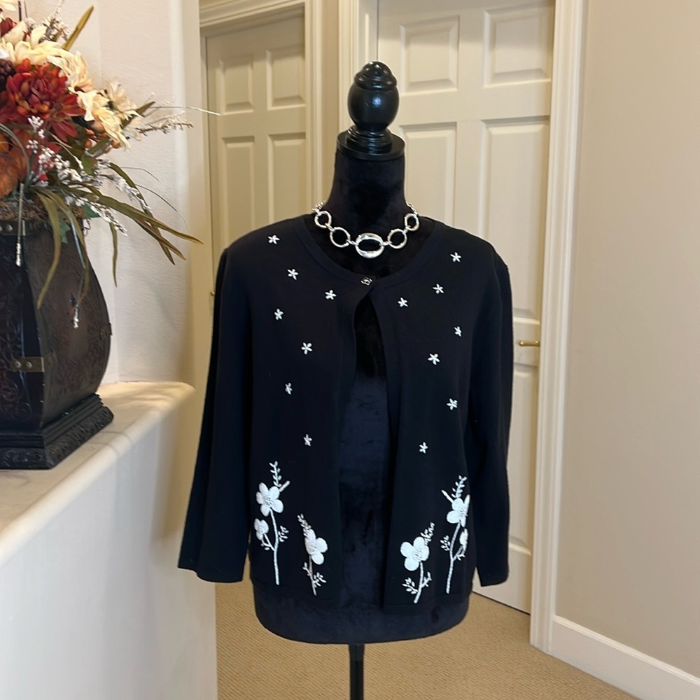 Charter Club Black and White Cardigan with Floral and beaded Embroidery